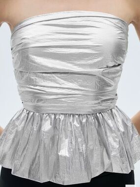 Mango Silver Strapless Metallic Ruched Crop Top